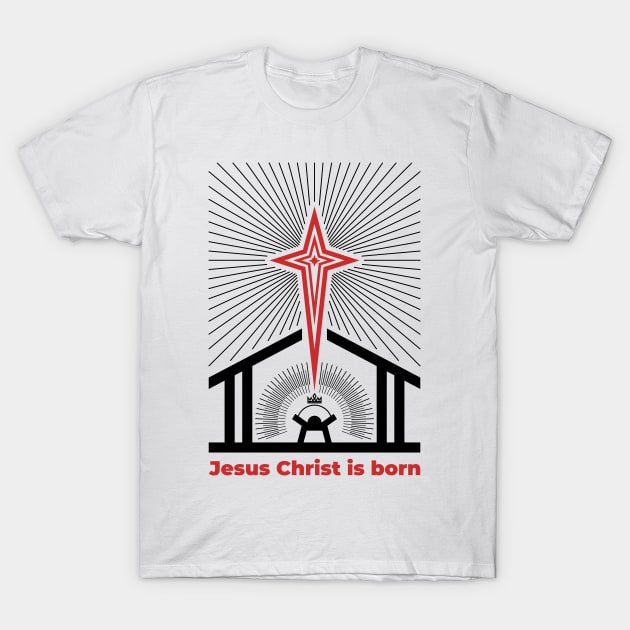 Baby Jesus in the barn, from above the light of the star of Bethlehem. Nativity of the Savior Christ. T-Shirt by Reformer